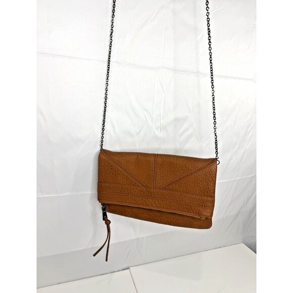 Modella Tan Faux Leather Foldover Clutch Crossbody Bag Chain Strap Purse - Picture 3 of 14